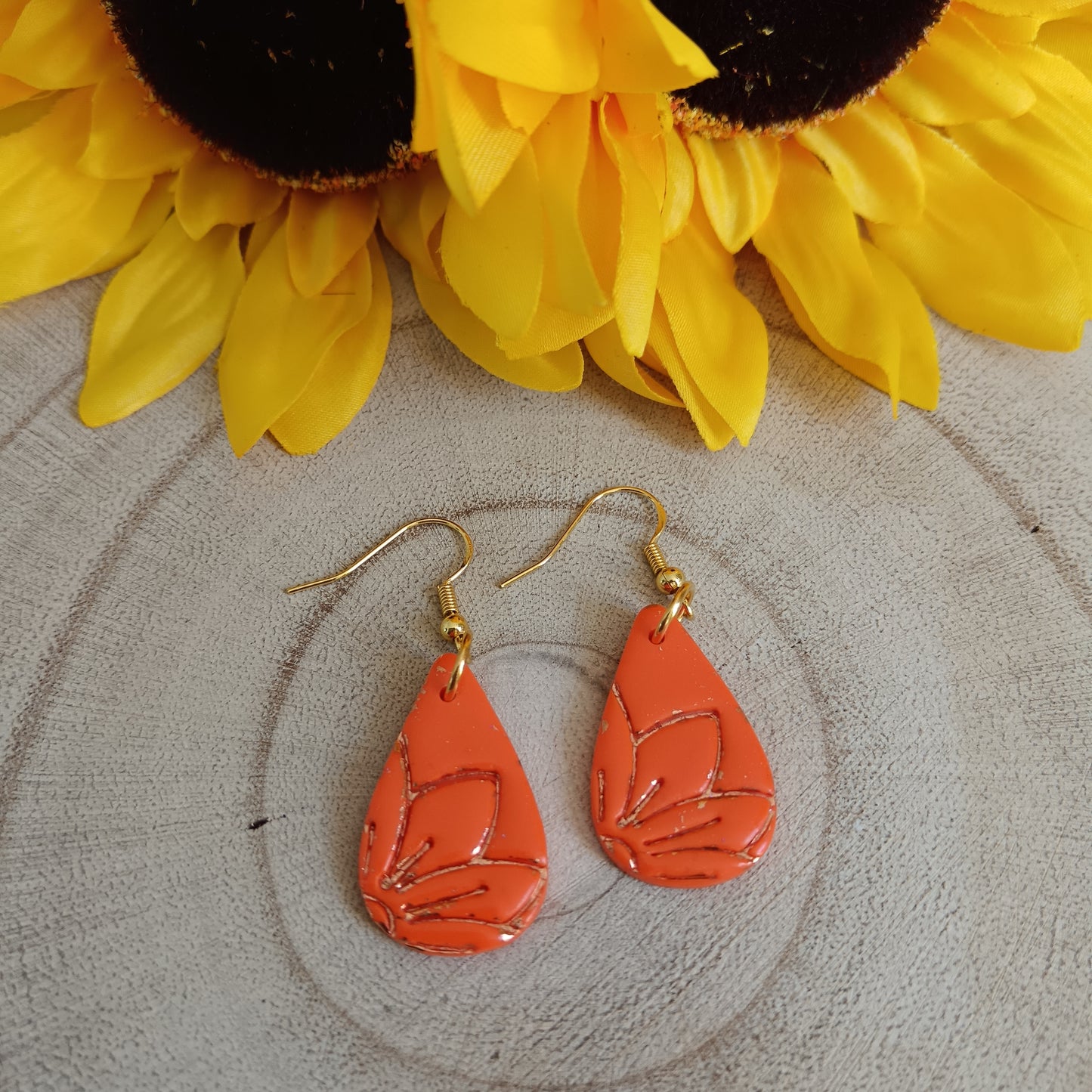 Drop Sunflower Embossed Hook Earrings