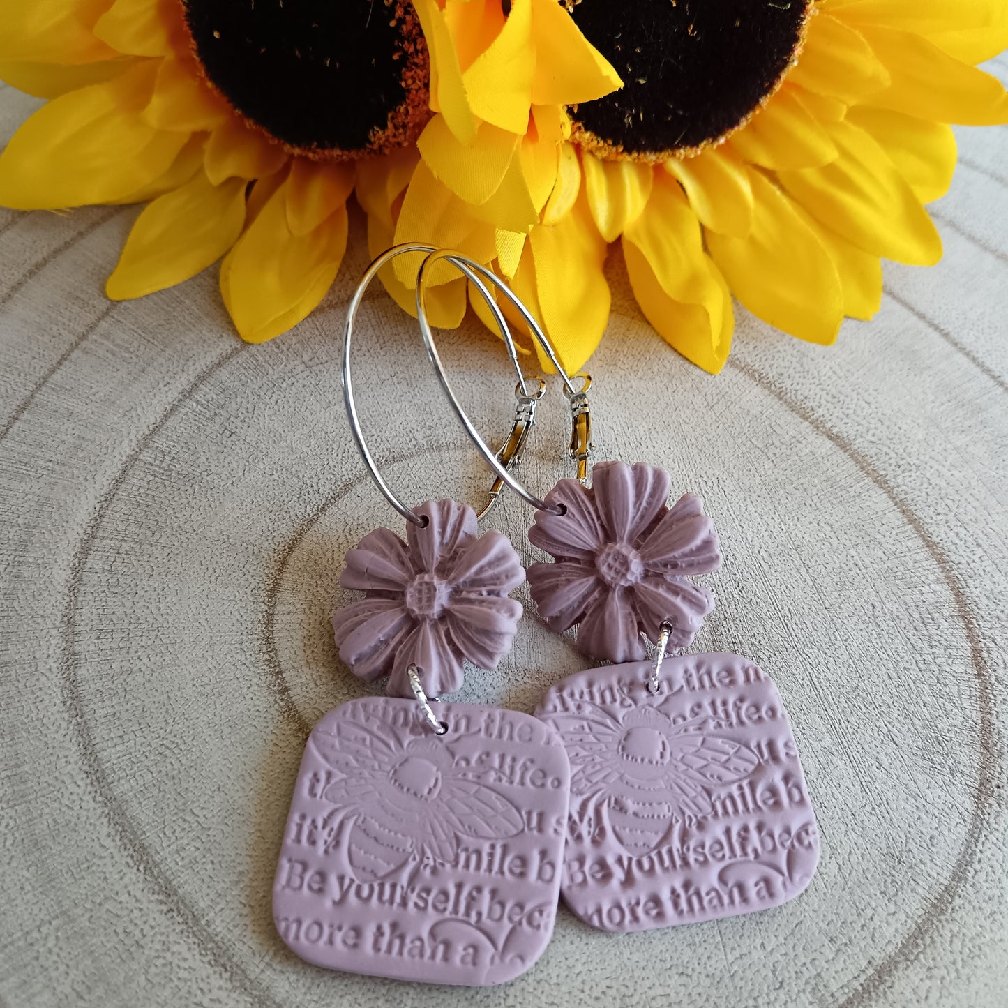 Be Yourself Bee Embossed Flower Dangle Hoop Earrings