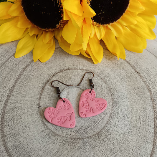 Boho Hearts & Flowers Rose Pink Hook Earrings