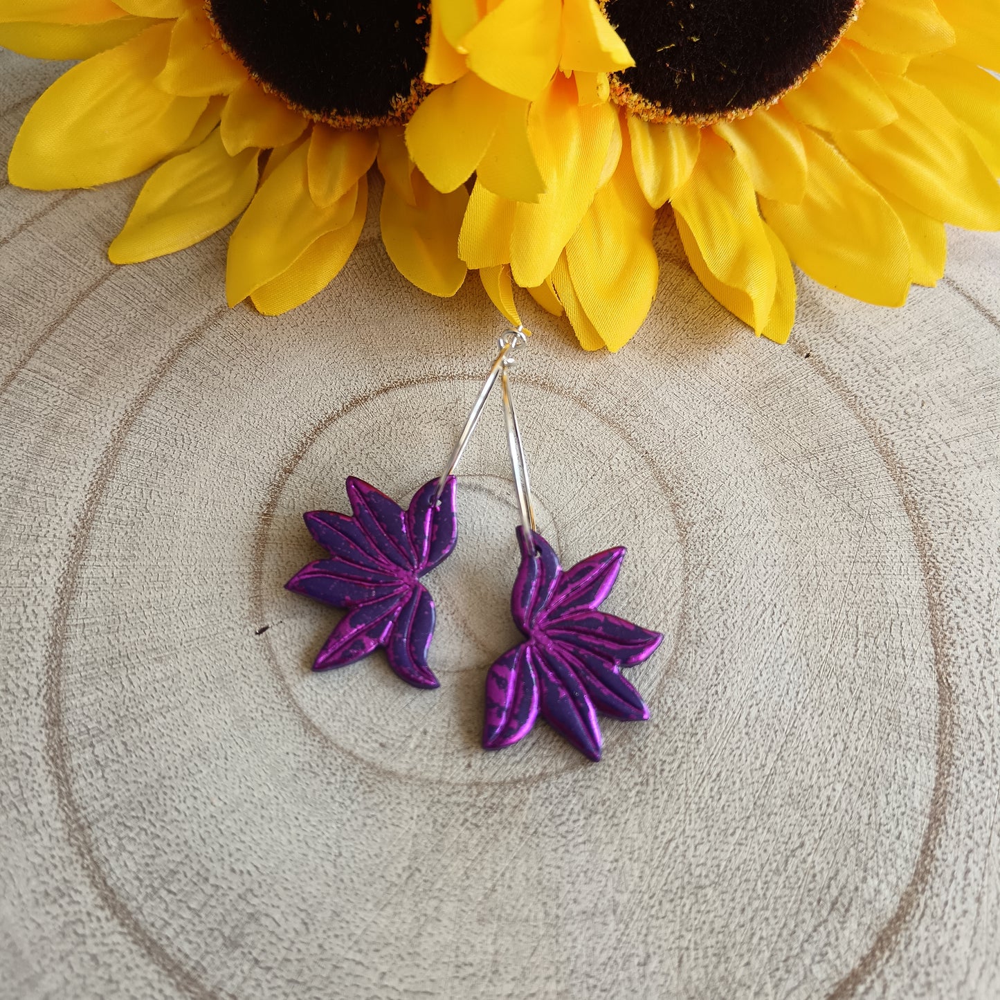 Half Flower Purple Hoop Earrings