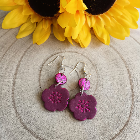 Cherry Blossom Magenta Purple Dangle Hook Earrings