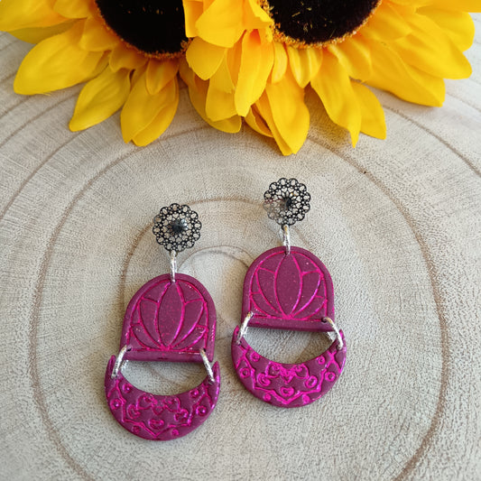 Lotus Arch & Mandala Moon Magenta Purple Stud Earrings