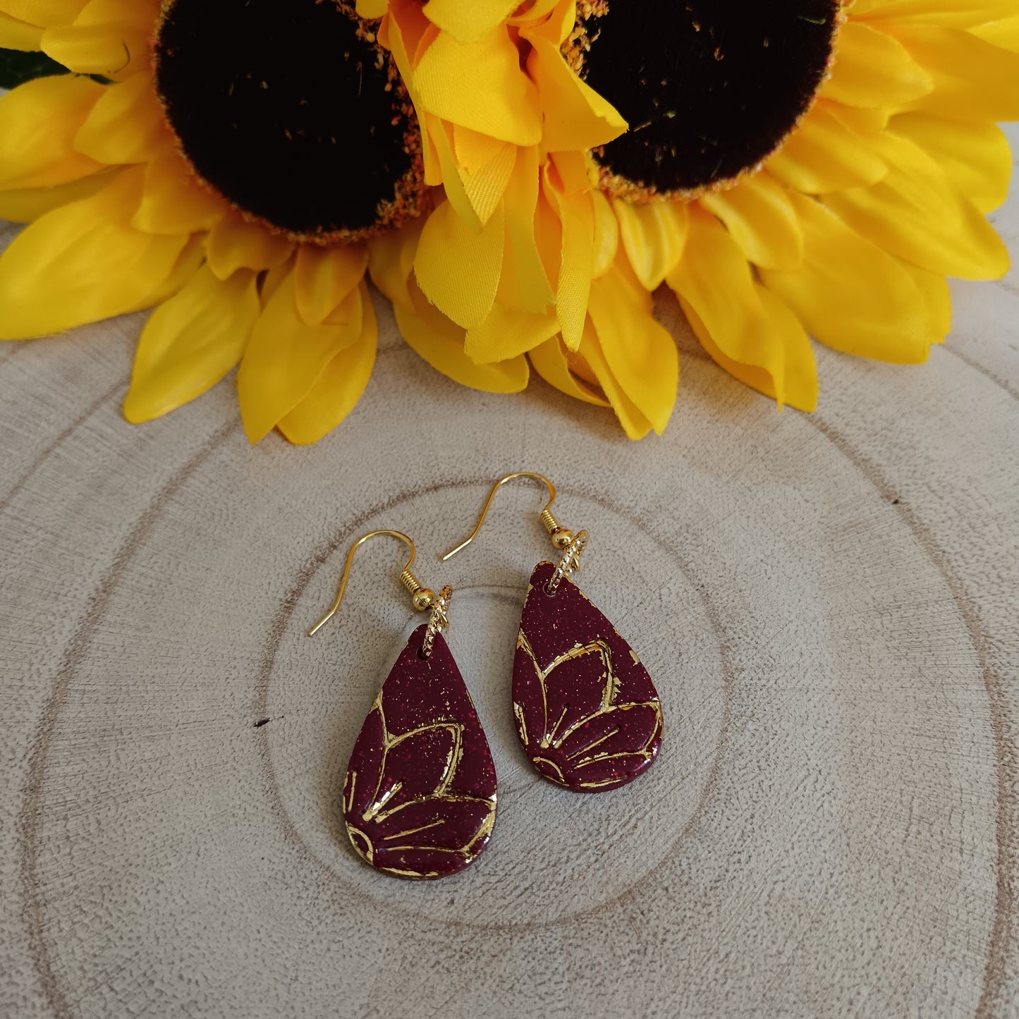Drop Sunflower Embossed Hook Earrings