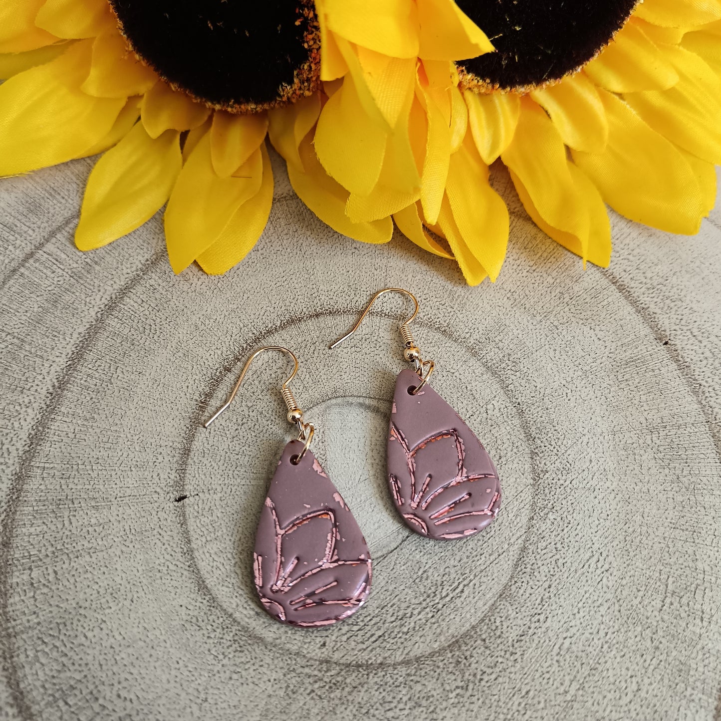 Drop Sunflower Embossed Hook Earrings