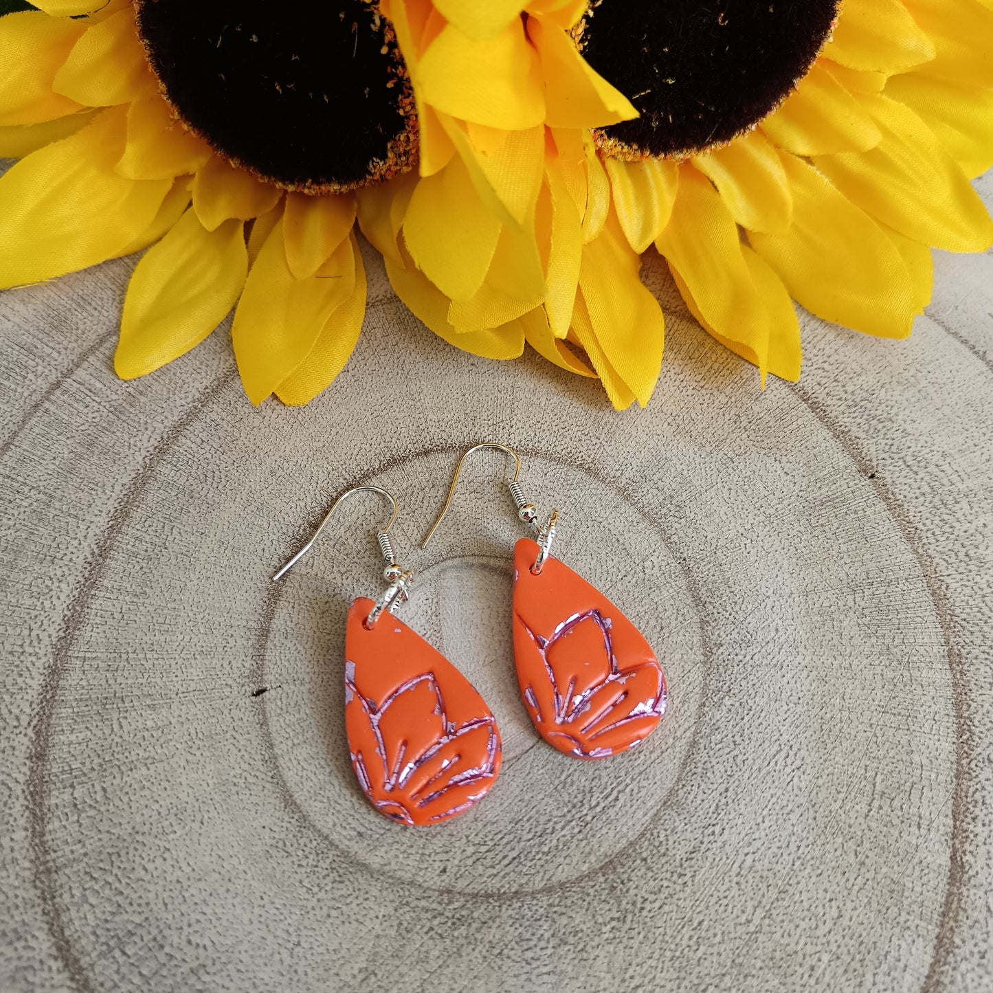Drop Sunflower Embossed Hook Earrings