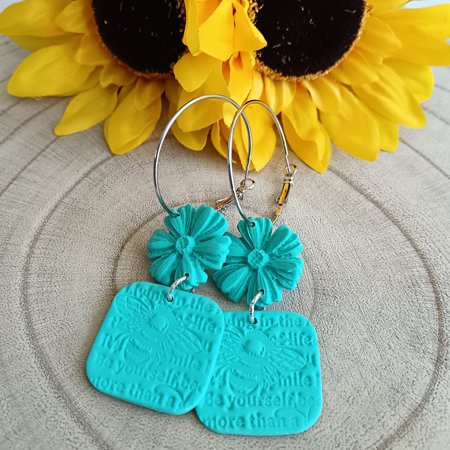 Be Yourself Bee Embossed Flower Dangle Hoop Earrings