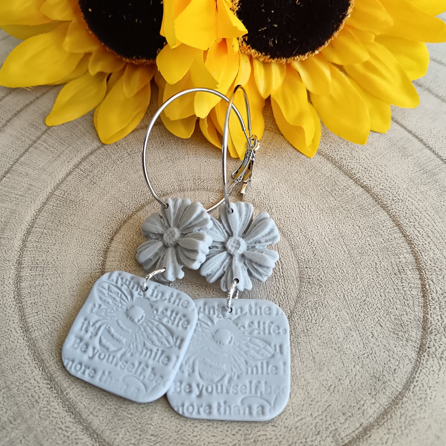 Be Yourself Bee Embossed Flower Dangle Hoop Earrings