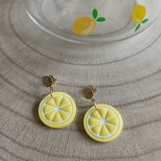 Lemon Slice & Half Slice Stud & Half Huggie Hoop Earrings
