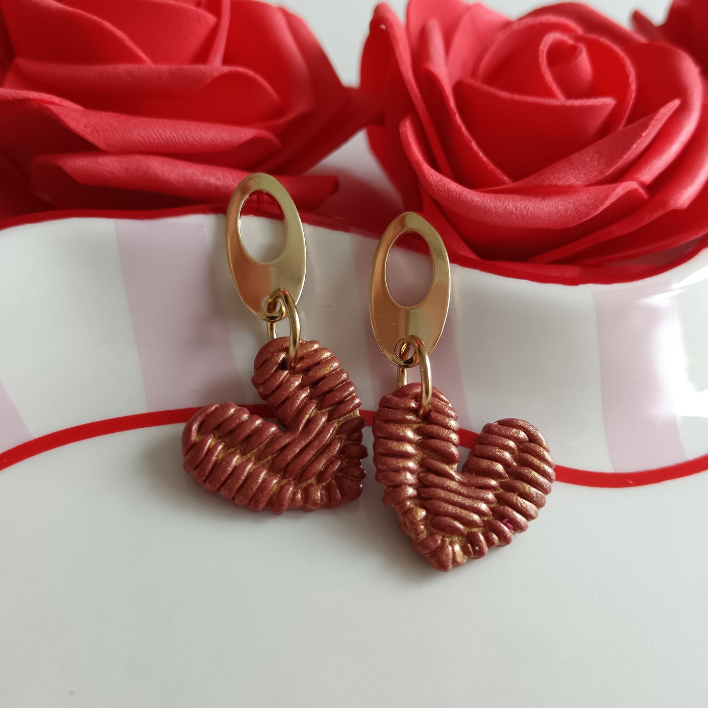 Heart Rattan Red Dangle Stud Earrings