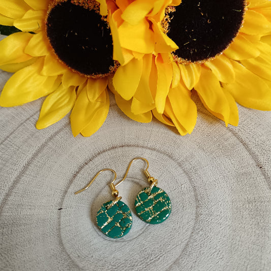 Brick Wall Textured Green & Gold Hook Earrings