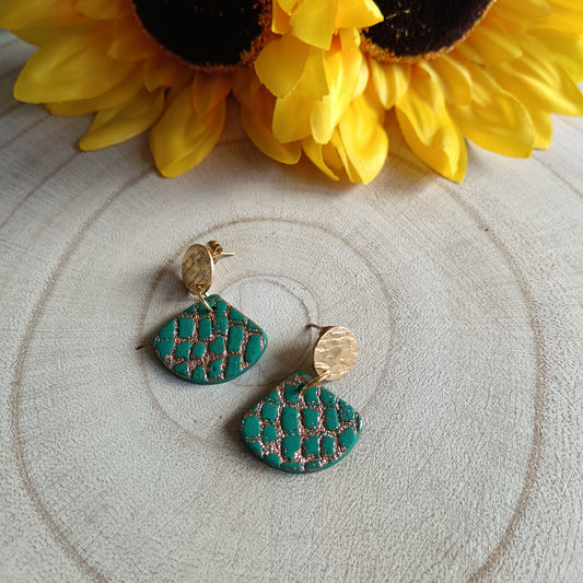Brick Wall Textured Green & Gold Stud Earrings