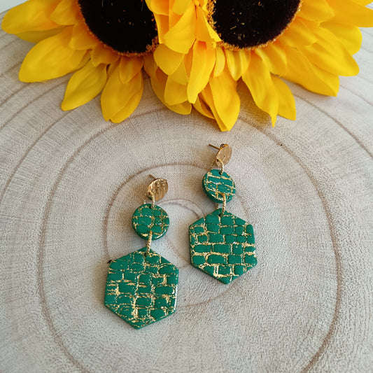 Brick Wall Textured Green & Gold Dangle Stud Earrings