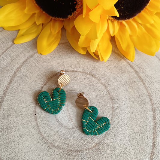 Rattan Heart Green & Gold Stud Earrings