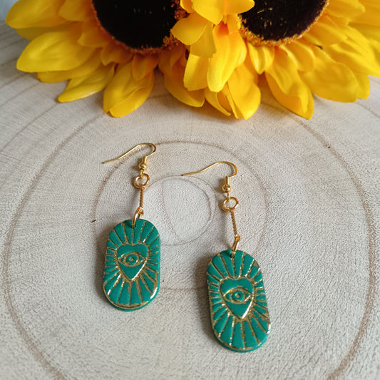 Tarot Fortune Card Green & Gold Dangle Earrings