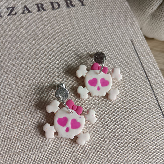 Skull Pink Bow Dangle Stud Earrings