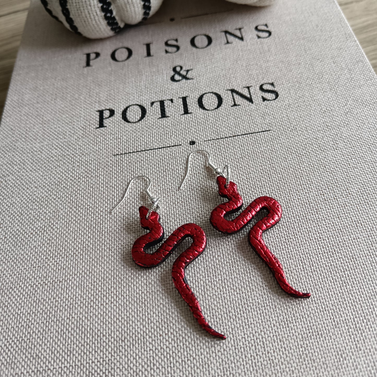 Red Metallic Snake Hook Earrings