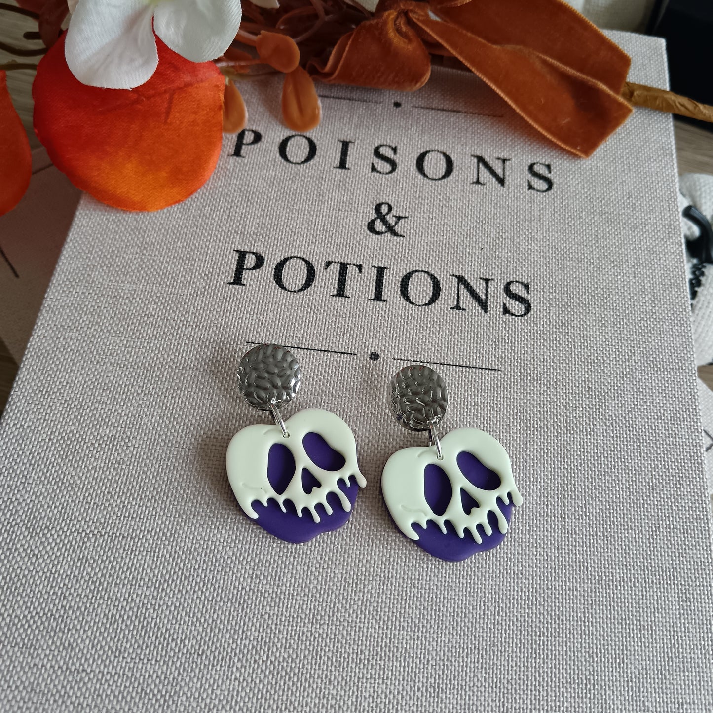 Glow In The Dark Purple Haunted Apple Dangle Stud Earrings