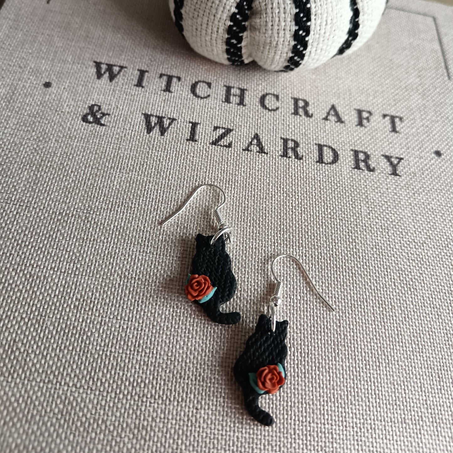 Black Cat Red Rose Hook Earrings