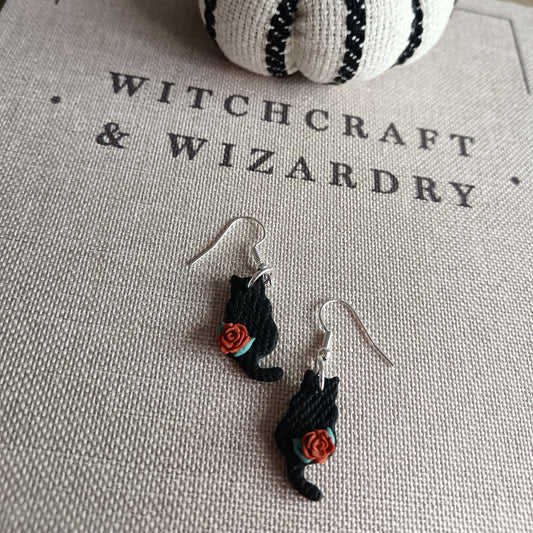 Black Cat Red Rose Hook Earrings