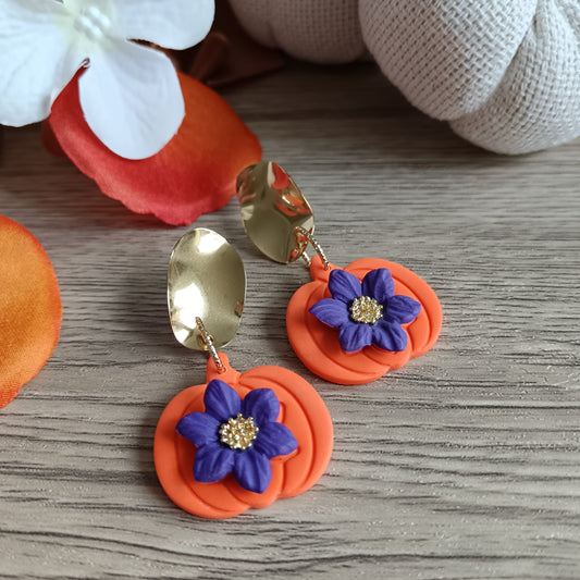 Pumpkin Purple Flower Dangle Stud Earrings