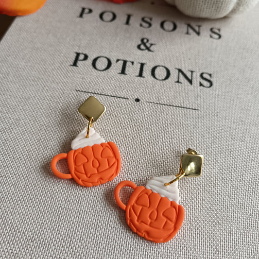 Pumpkin Hot Chocolate Cup Dangle Stud Earrings