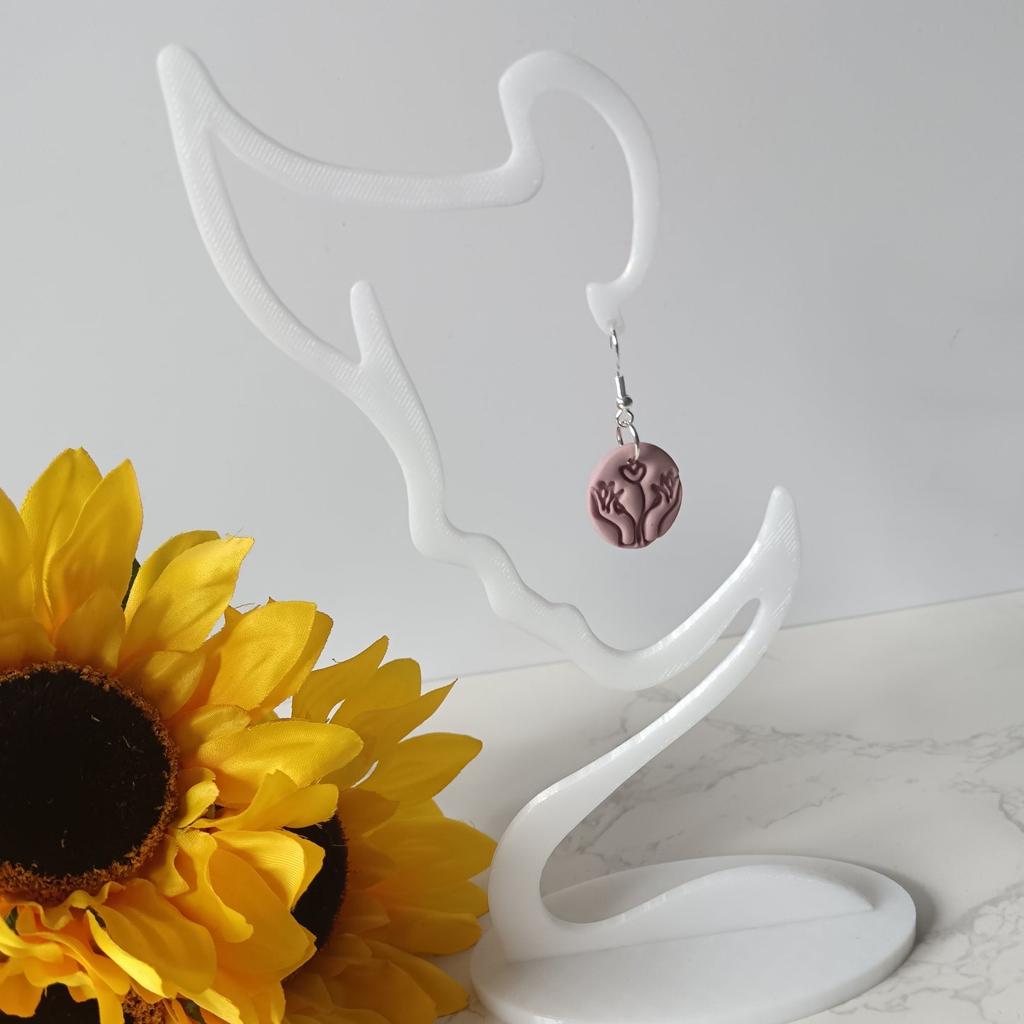 Dusky Pink Hand & Flower Drop Hook Earrings
