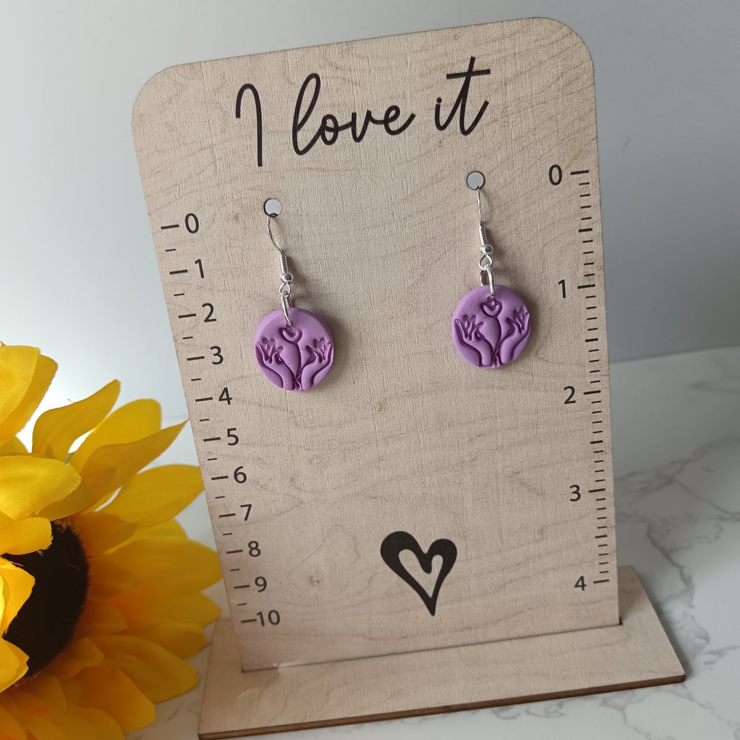 Lilac Hand & Flower Drop Hook Earrings