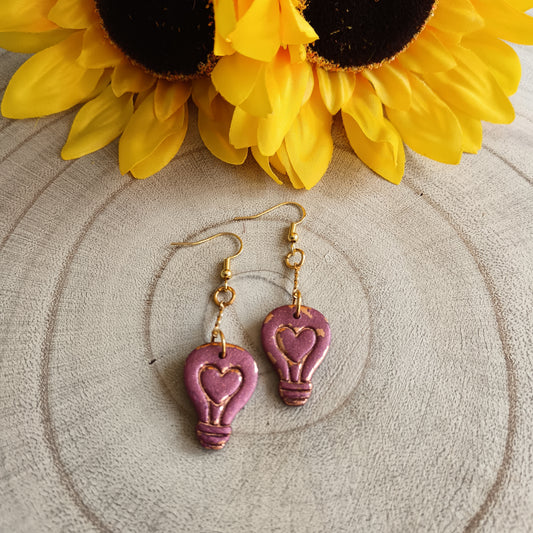 Heart Lightbulb Burgundy  & Gold Hook Earrings