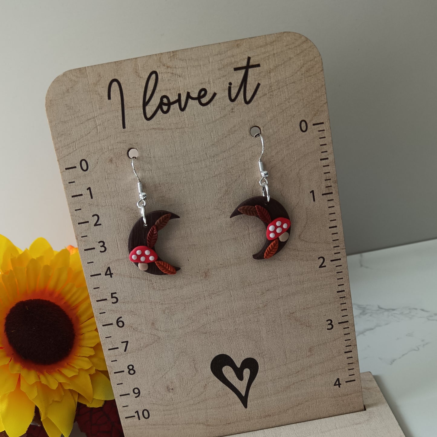 Wooden Moon Toadstool Hook Earrings