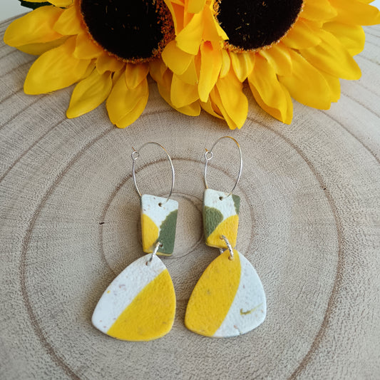 Khaki, Yellow & White Dangle Hoop Earrings
