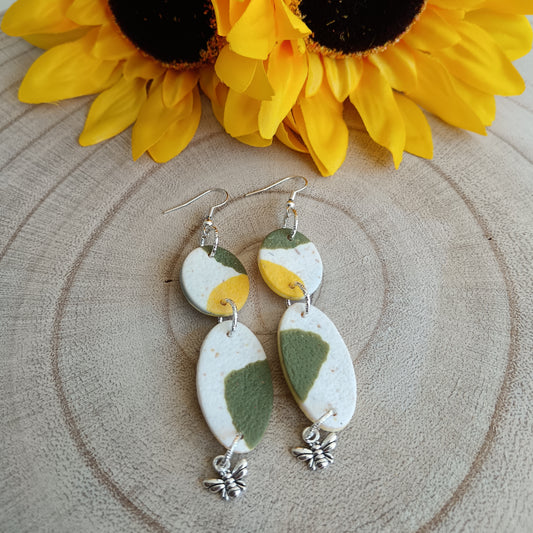 Khaki, Yellow & White Bee Dangle Hook Earrings