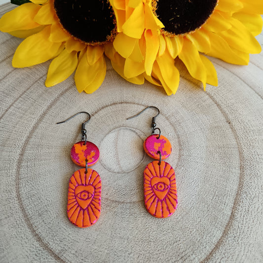 Tarot Fortune Card Orange & Purple Dangle Hook Earrings
