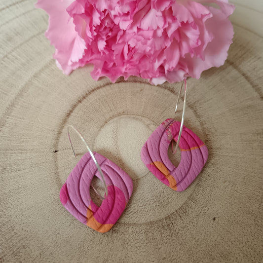 Pink Patterned Cut Out Square Hoop Earrings