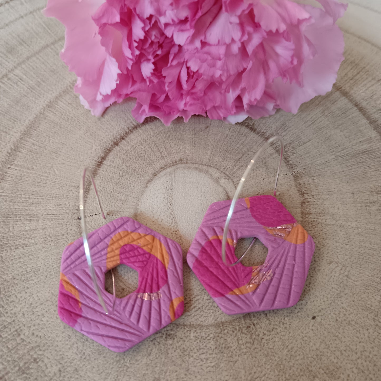 Pink Patterned Twirly Hexagon Hoop Earrings