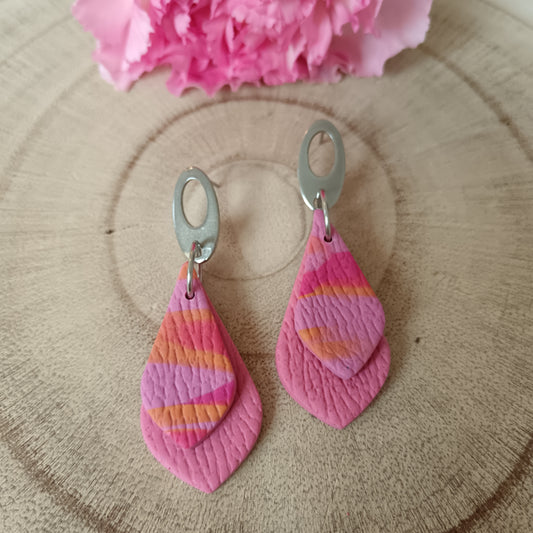 Pink & Orange Leather Texture Layered Teardrop Stud Earrings