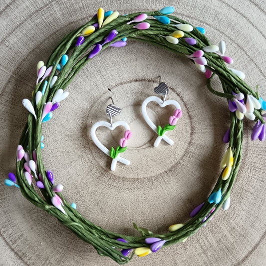 Pink Tulip Heart Dangle Stud Earrings