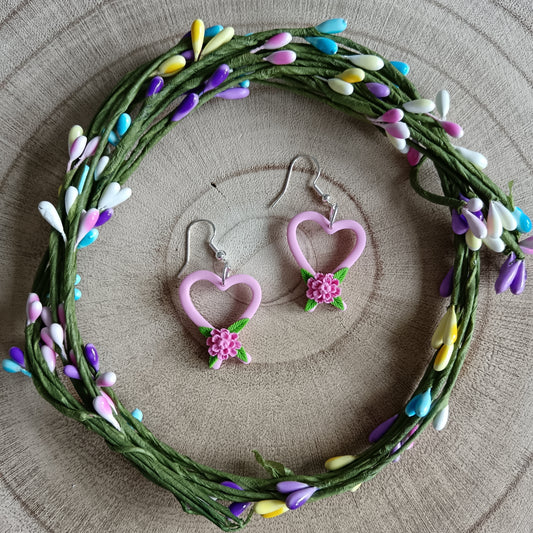 Pink Chrysanthemum Heart Dangle Hook Earrings