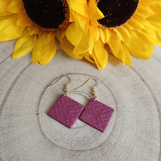 Retro Rose Patterned Magenta Square Hook Earrings