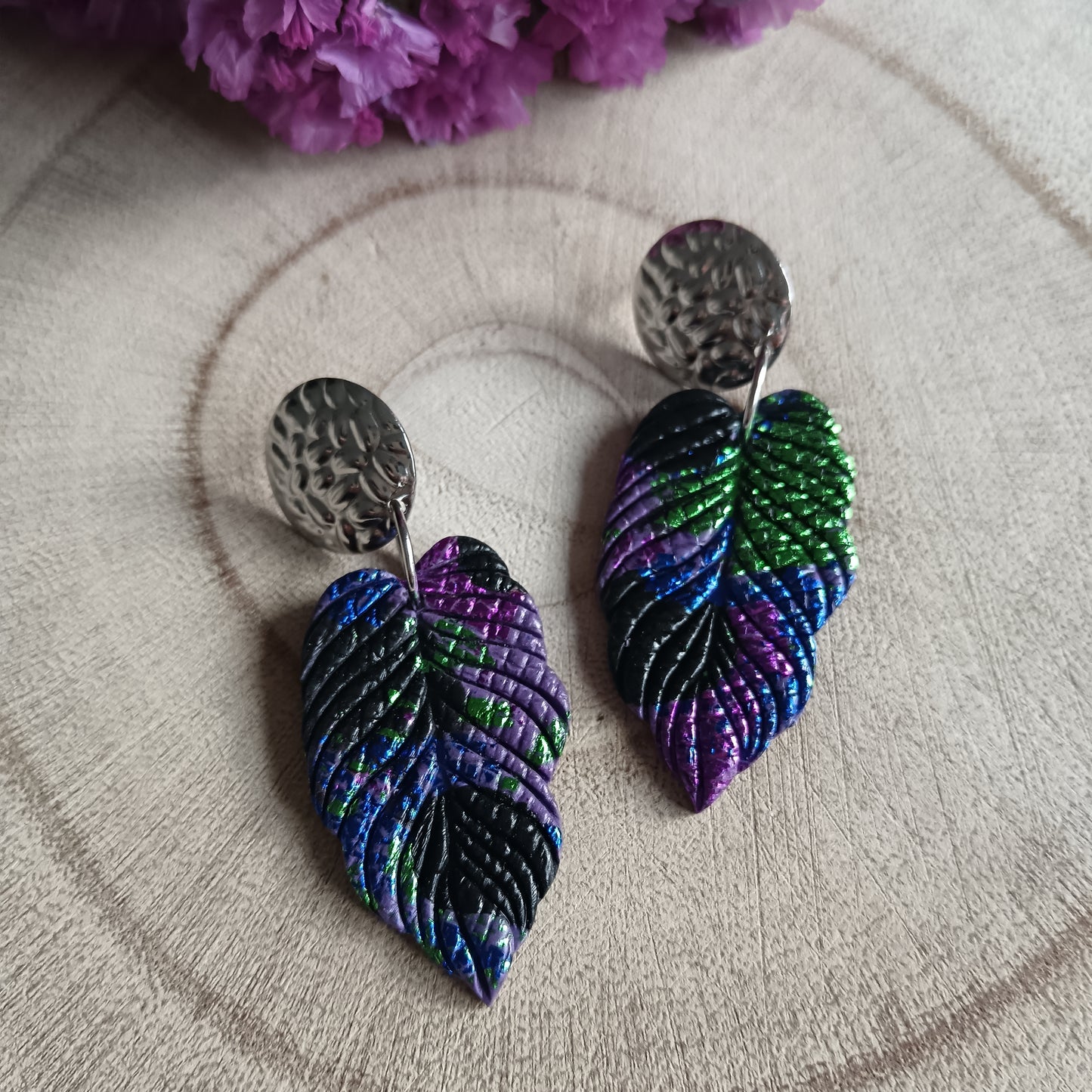 Purple Feather Leaf Dangle Stud Earrings