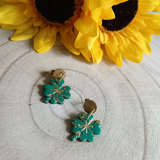 Four Leaf Clover Green & Gold Stud Earrings