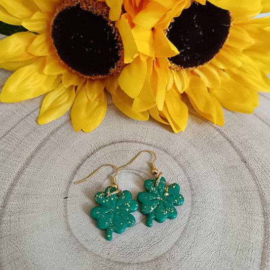 Four Leaf Clover Green & Gold Speckled Hook Earrings