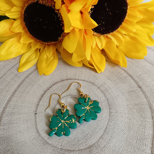 Four Leaf Clover Green & Gold Hook Earrings