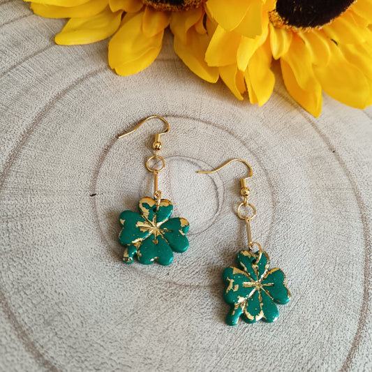 Four Leaf Clover Green & Gold Bar Hook Earrings