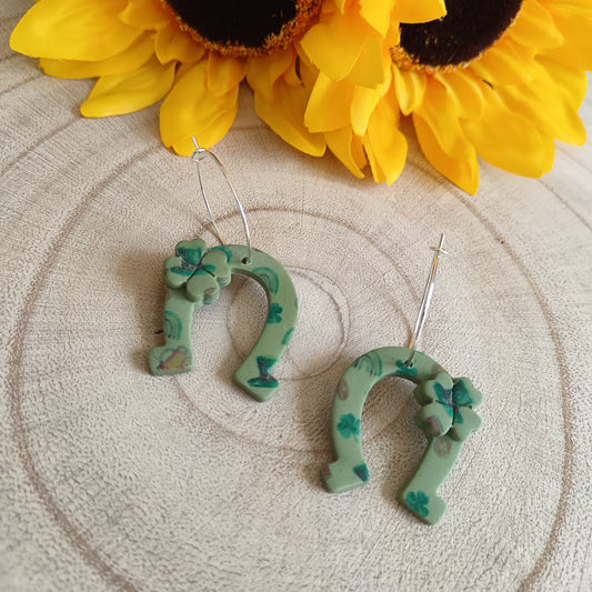 St Patrick`s Day Printed Horseshoe & Clover Hoop Earrings
