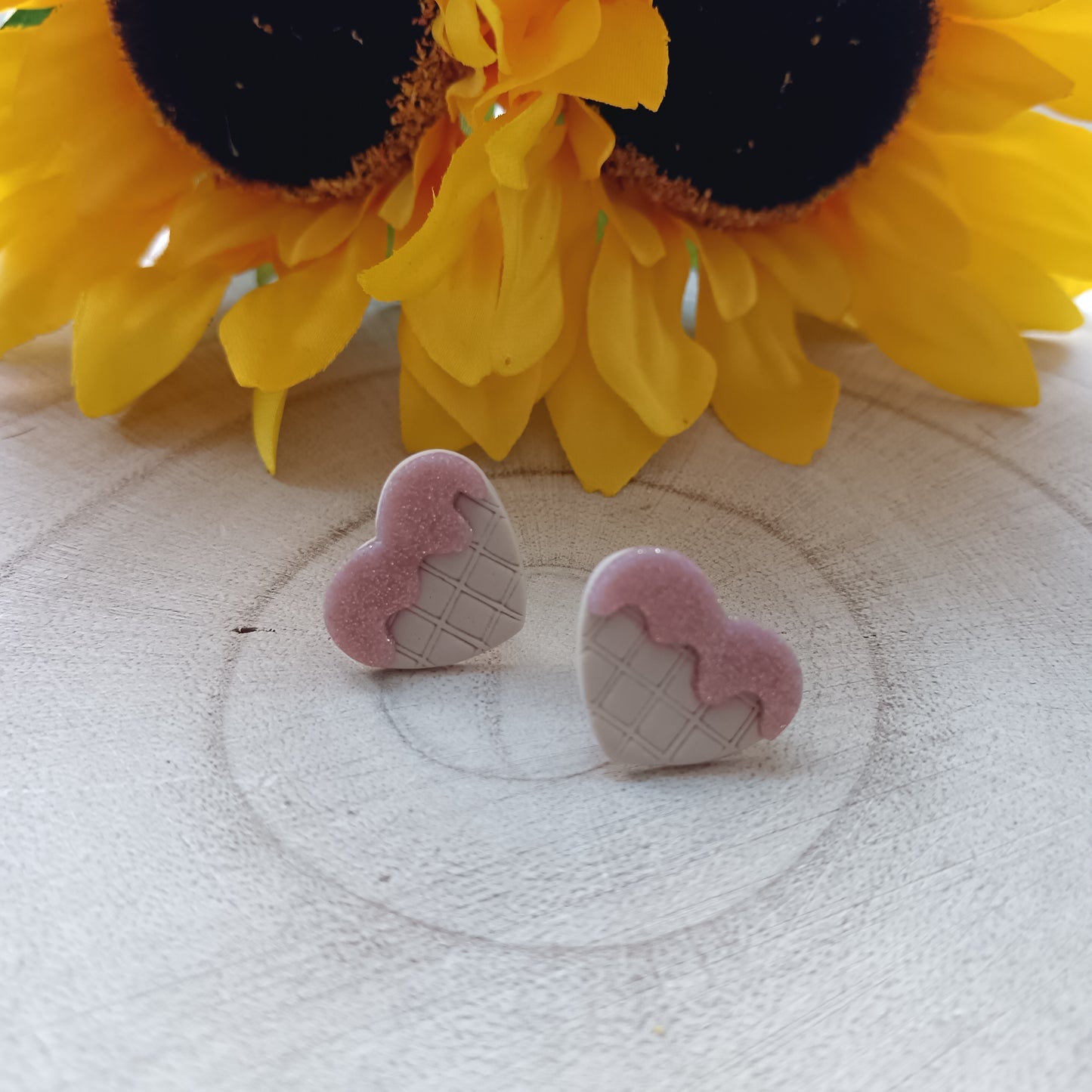 Iced Waffle Heart Pink Stud Earrings