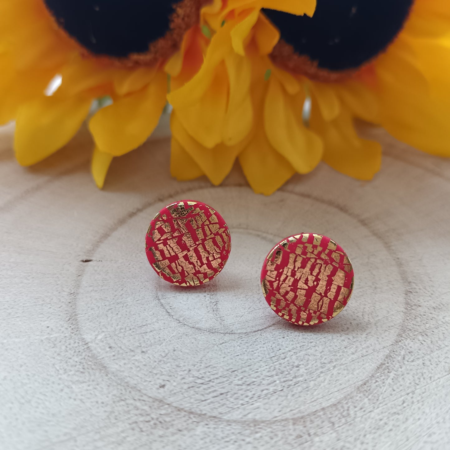 Retro Inspired Round Red & Gold Stud Earrings