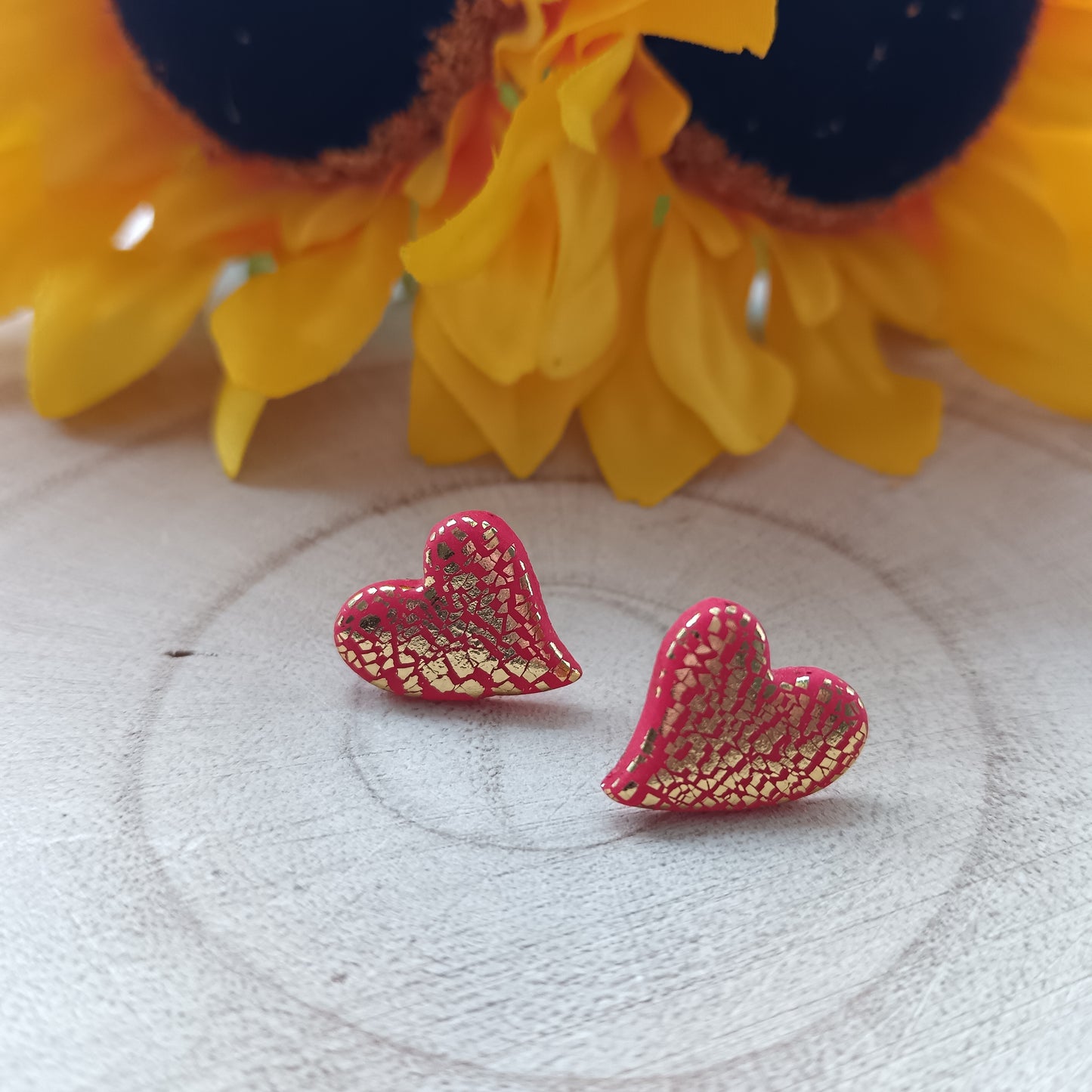 Retro Inspired Heart Red & Gold Stud Earrings