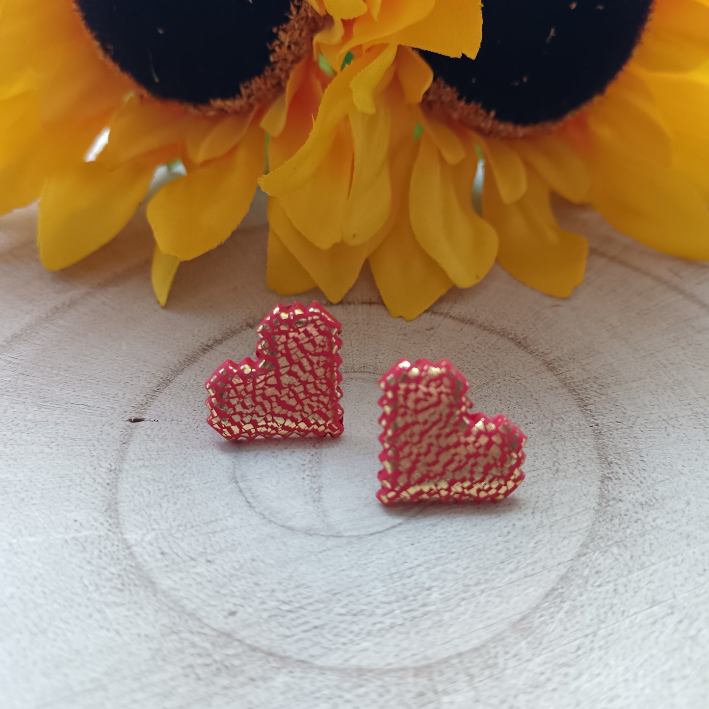 Retro Inspired Pixel Heart Red & Gold Stud Earrings