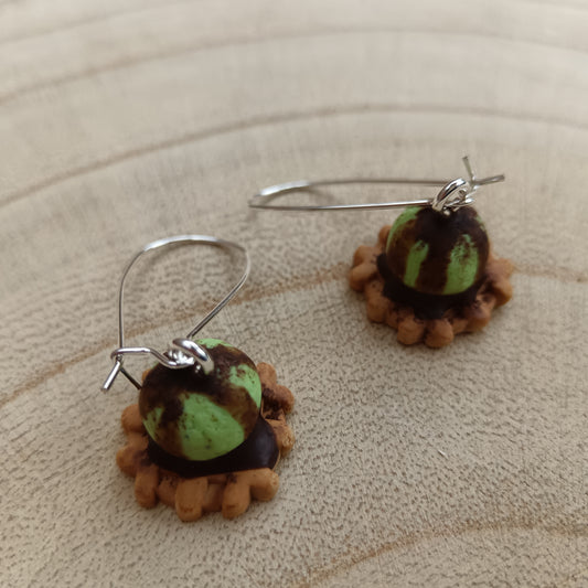 Ice Cream Topped Waffle Mint Choc Chip Dangle Earrings