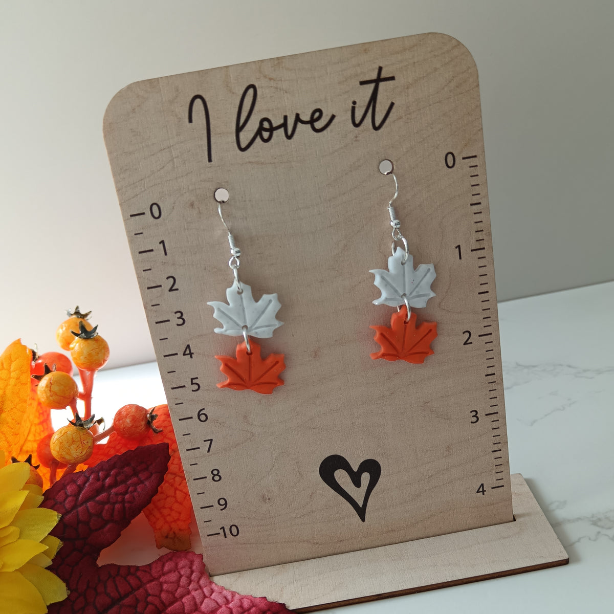 White & Orange Maple Leaf Hook Earrings